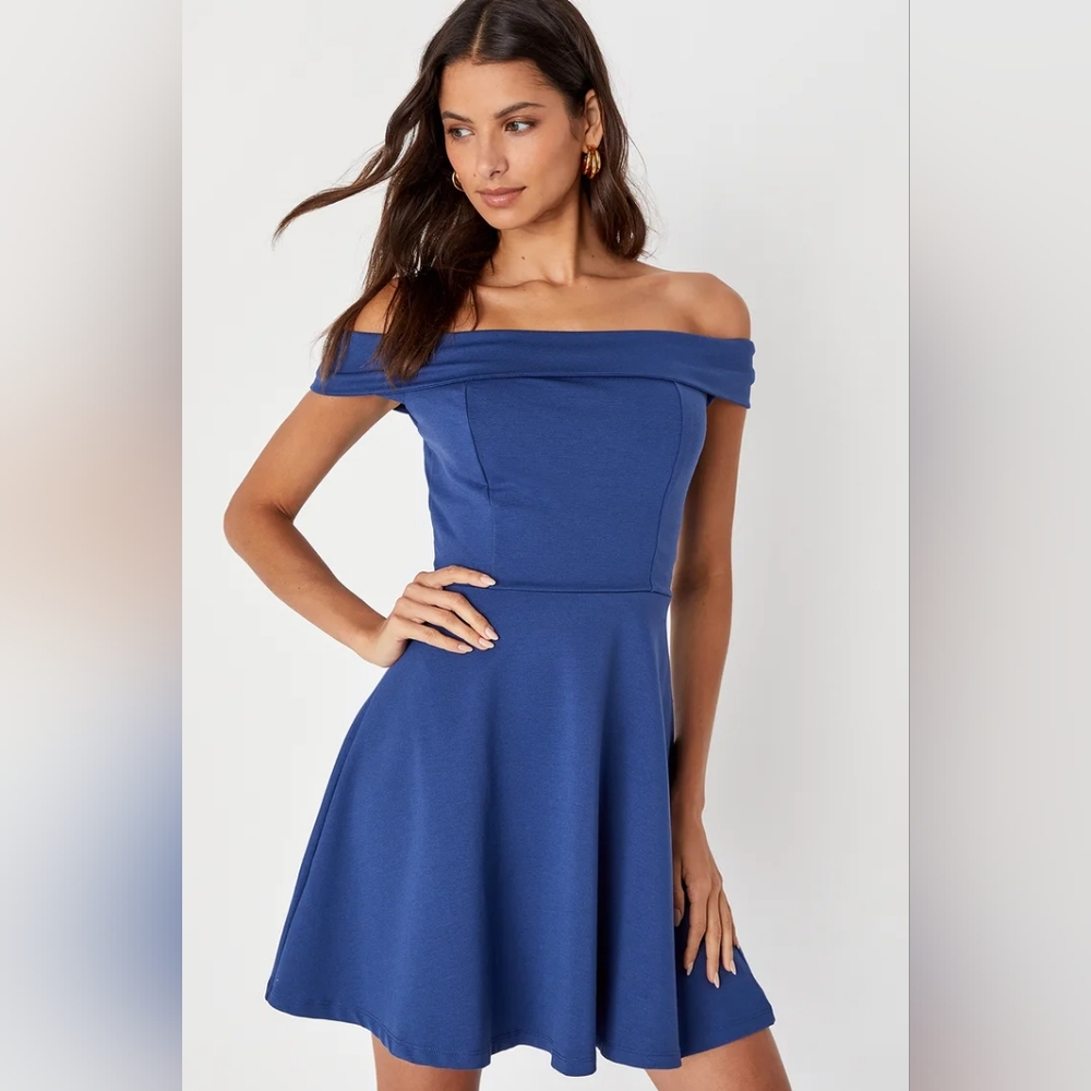 LULUS Season of Fun Blue Bardot Skater Dress • Flirty & Chic • Large